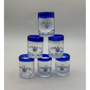CORAZON TEQUILA Shot Glass Hand Blown Cobalt Blue Rim de Agave Barware‎ set of 6